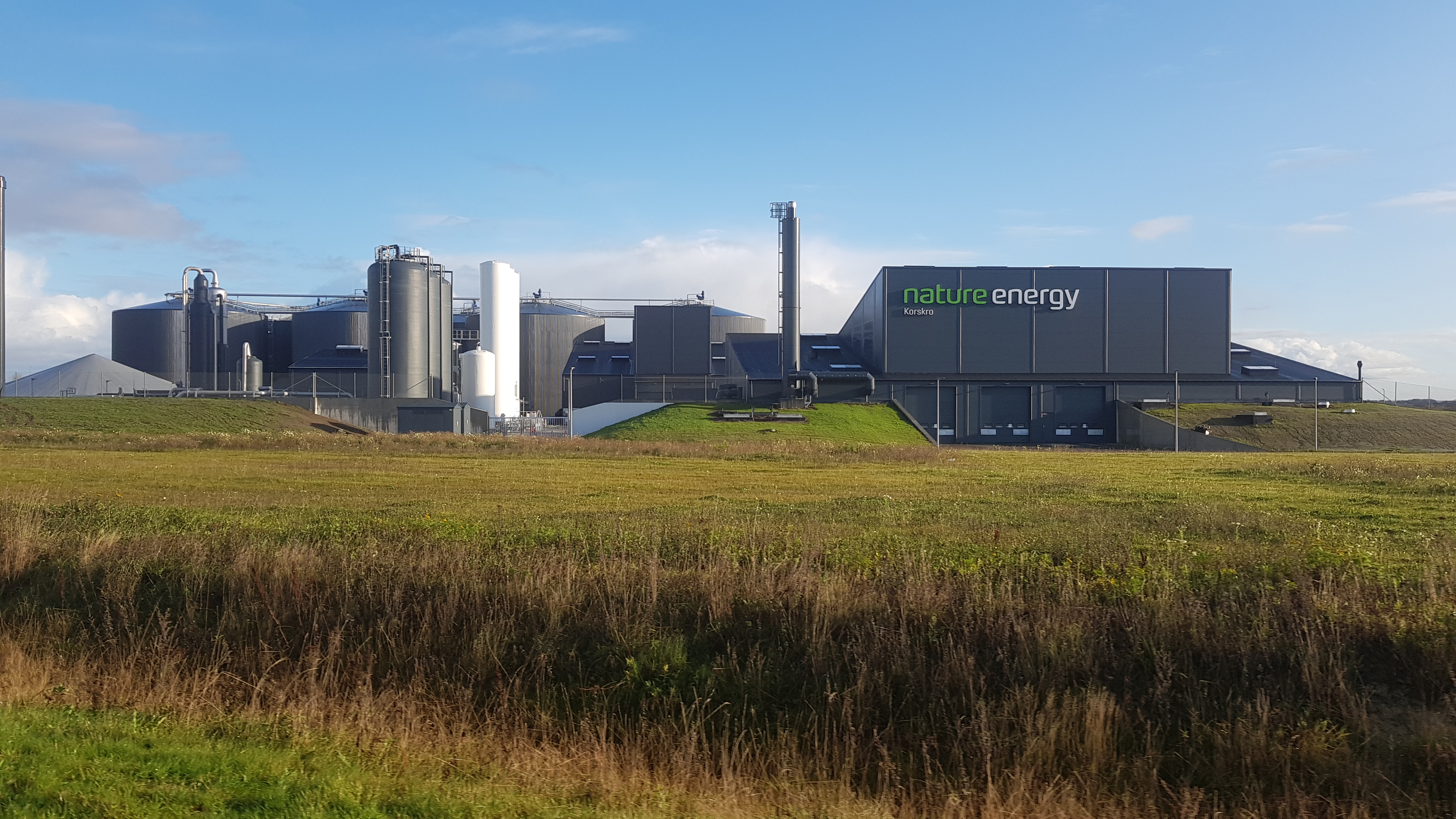 Biogasanlage Nature Energy Korskro bei Esbjerg, Dänemark, mit großen grünen Fermentern und Industrieinfrastruktur