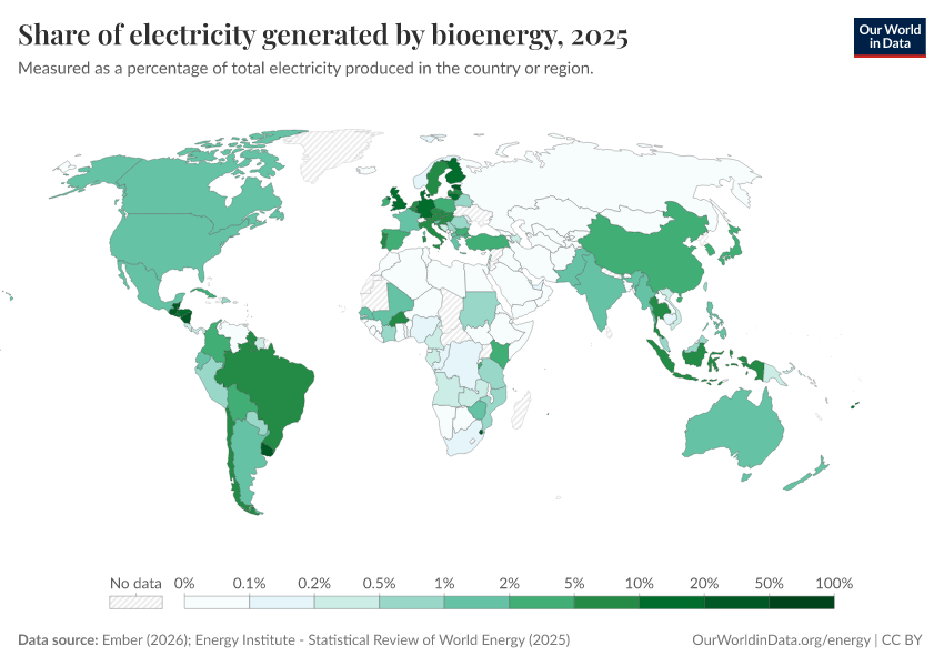 World map showing the share of electricity generated by bioenergy by country