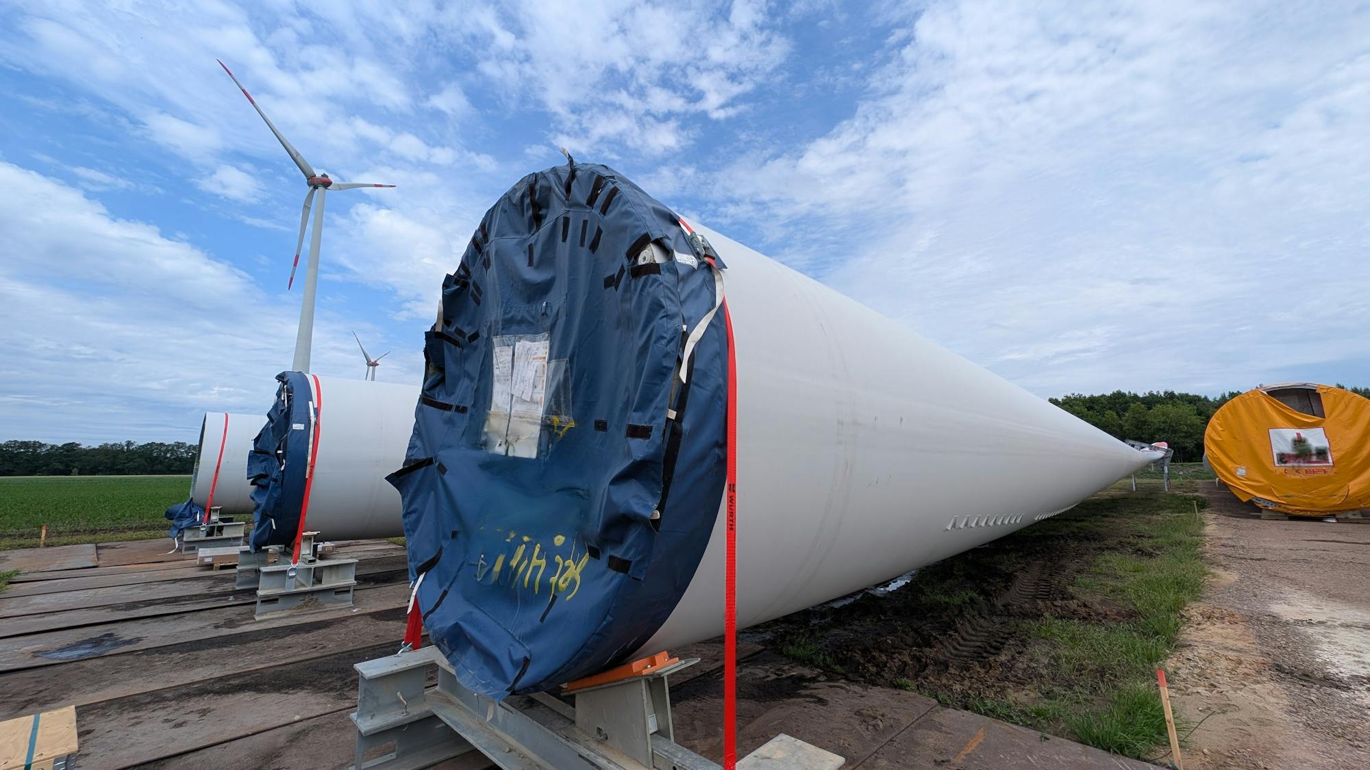 Wind turbine blades at a construction site in Niedersachsen, Germany