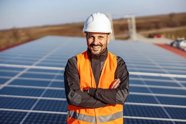 A smiling man posing in front of roof-top solar array