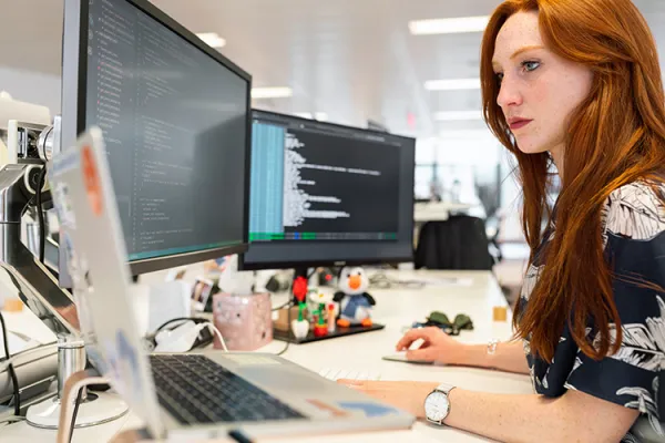A woman working from her office